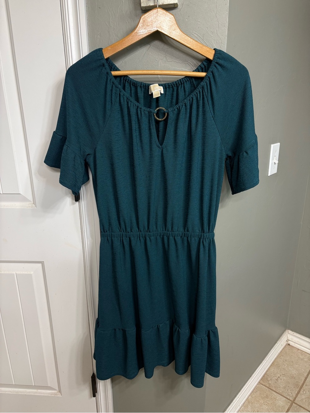 MICHAEL Michael Kors Teal Ring-Accent Ruffle-Hem Midi Dress